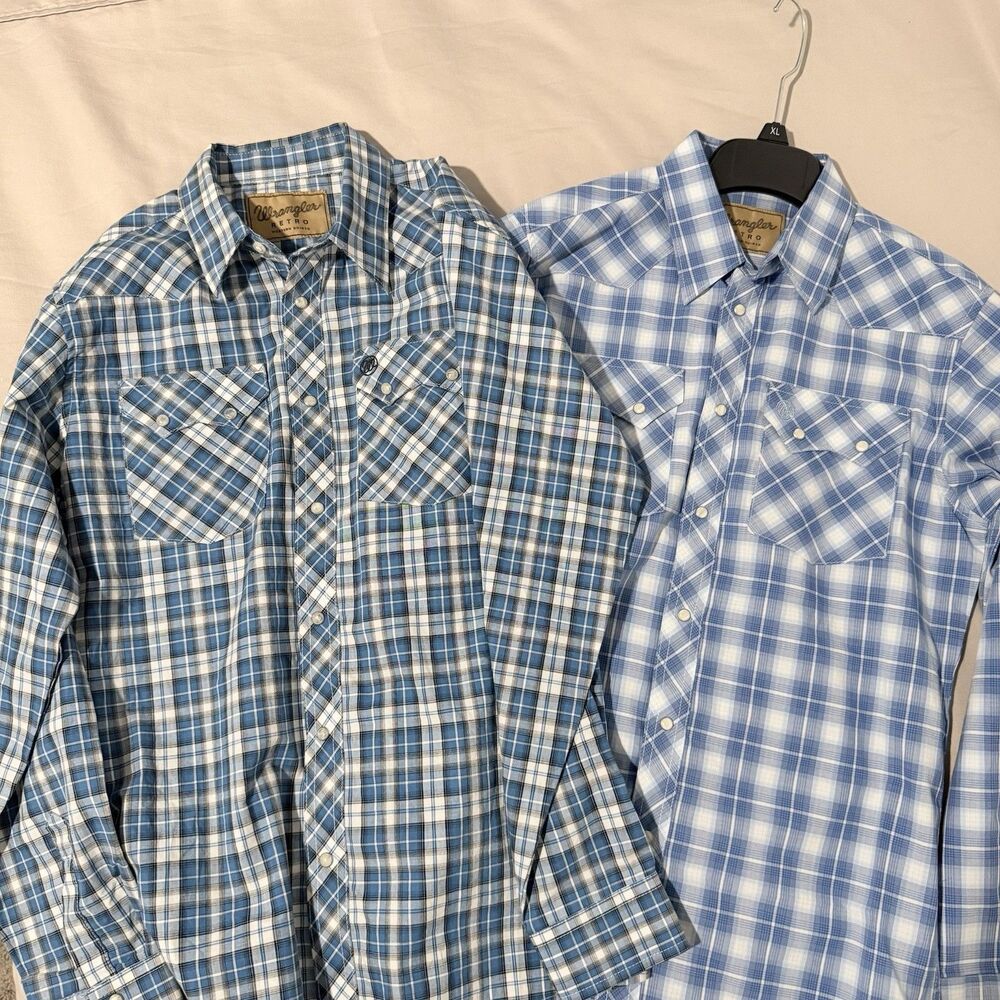Lot 2 Wrangler Retro Western Shirt Men's XL Plaid Pearl Snap LS Cowboy